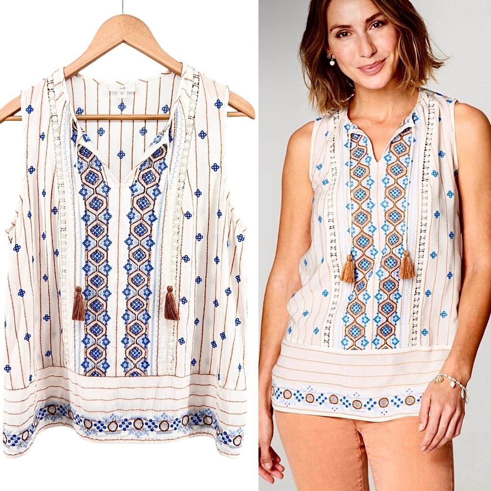 J. Jill Lilah Texture Embroidered Blouse Sz M Sleeveless Boho Tassel Lace Insets